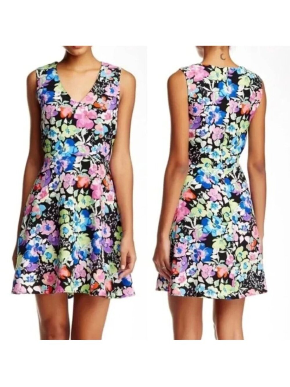 CHARLES HENRY Black Green Blue Floral Sleeveless Party Mini Fit & Flare Dress S